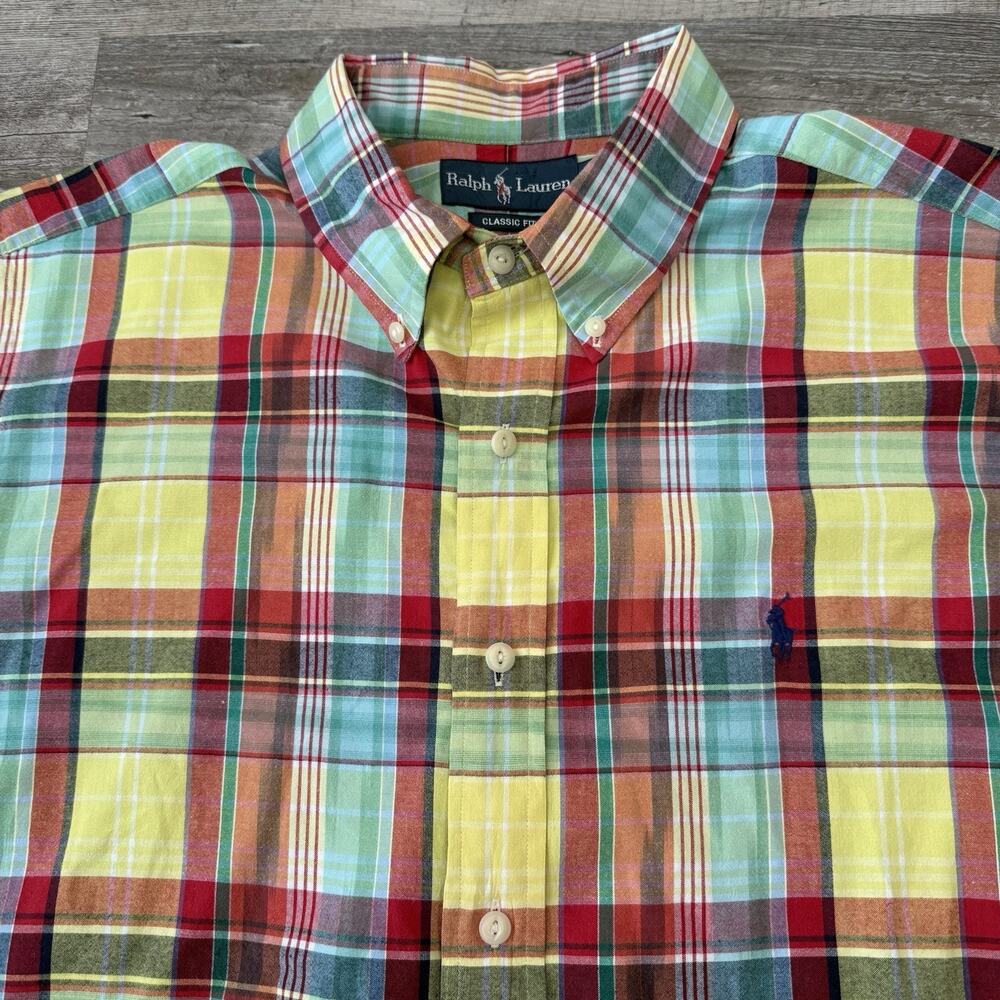 Ralph Lauren Madras Shirt Mens XL Yellow Multicolor Plaid Classic Fit Cotton